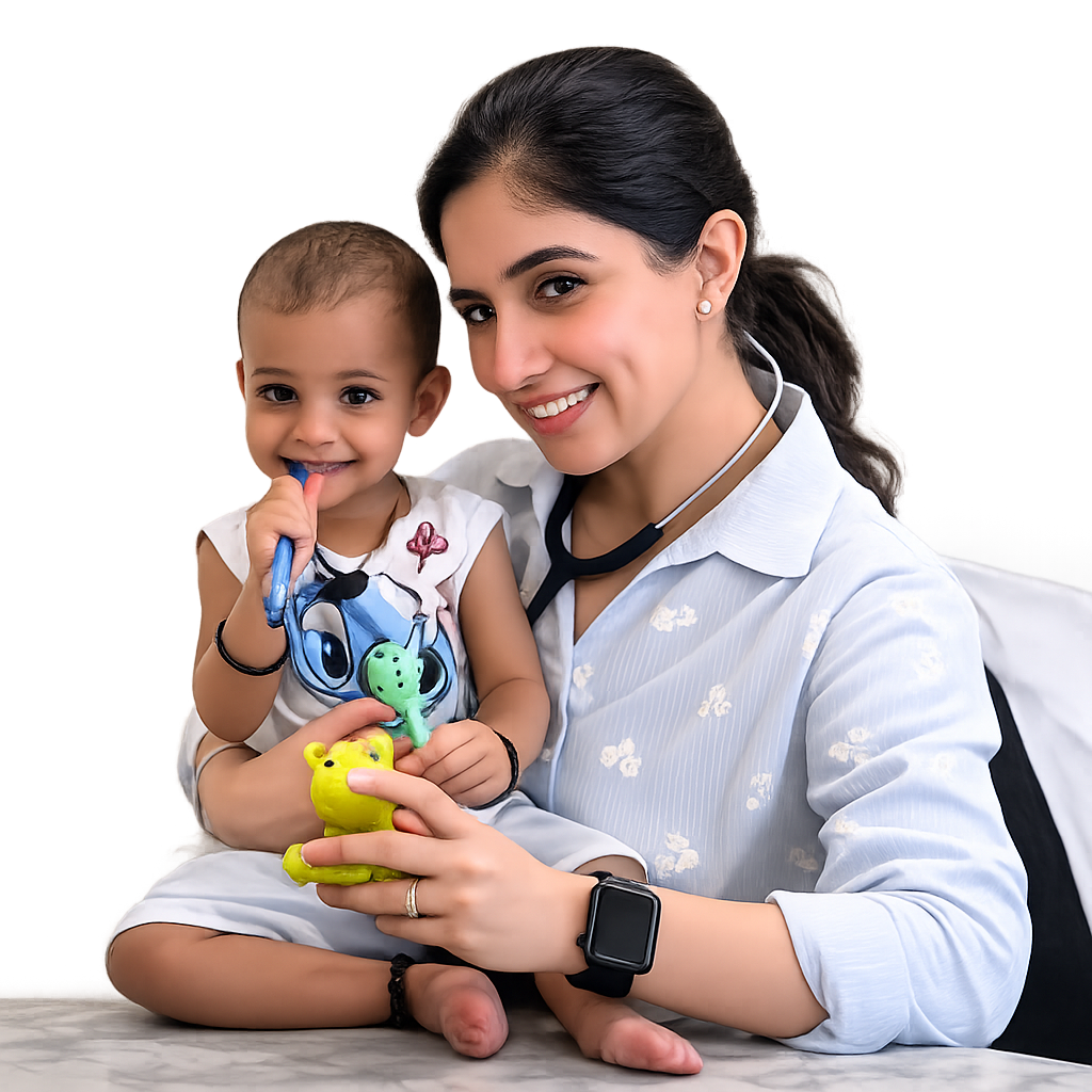 Dr. Kinshuki Sharma gently holding a smiling toddler at Janak Child Care